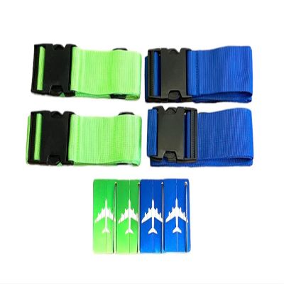 8 Pack Luggage Set, 4 Pack Straps and 4 Pack ID Tags, Adjustable Heavy-Duty 79" Secure Travel Suitcase Belts (Bright Green/Blue)