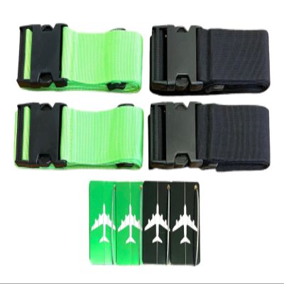 8 Pack Luggage Set, 4 Pack Straps and 4 Pack ID Tags, Adjustable Heavy-Duty 79" Secure Travel Suitcase Belts (Bright Green/Black)