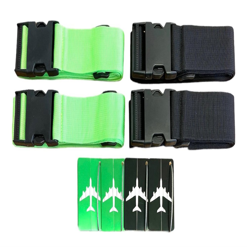 8 Pack Luggage Set, 4 Pack Straps and 4 Pack ID Tags, Adjustable Heavy-Duty 79" Secure Travel Suitcase Belts (Bright Green/Black)