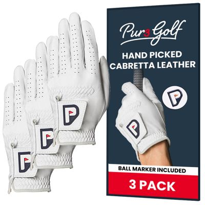 PUR3 Cabretta Leather Golf Gloves Men | Multi-Pack | Real Genuine Ultra Soft Leather Golf Glove | with Ball Marker (3 Pack (Pearl White), Medium, Worn on Right Hand (for Left Handed Golfers))