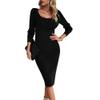 NineFit Basics Women'S Square Neck Long Sleeve Sweater Dress Fall Knit Bodycon Pullover Formal Dresses A Line Flare Solid Midi Dress (Small,Black) view 1