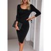 NineFit Basics Women'S Square Neck Long Sleeve Sweater Dress Fall Knit Bodycon Pullover Formal Dresses A Line Flare Solid Midi Dress (Small,Black) view 3