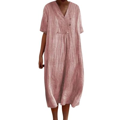 JOFOW Casual Loose Summer Short Sleeve Beach Vacation Dresses with Pockets Women's retro linen dress Loose and elegant linen dress Vintage Art Casual Flowy Dress (Pink,XX-Large)