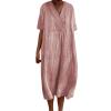 JOFOW Casual Loose Summer Short Sleeve Beach Vacation Dresses with Pockets Women's retro linen dress Loose and elegant linen dress Vintage Art Casual Flowy Dress (Pink,XX-Large) view 1