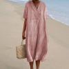 JOFOW Casual Loose Summer Short Sleeve Beach Vacation Dresses with Pockets Women's retro linen dress Loose and elegant linen dress Vintage Art Casual Flowy Dress (Pink,XX-Large) view 2