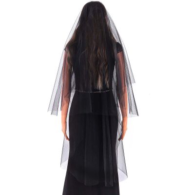 Acenail Black Wedding Veil Long Funeral Veils 2 Tier Lace Brides Veil with Comb Fingertip Mourning Halloween Veil for Women (Black Tulle B)
