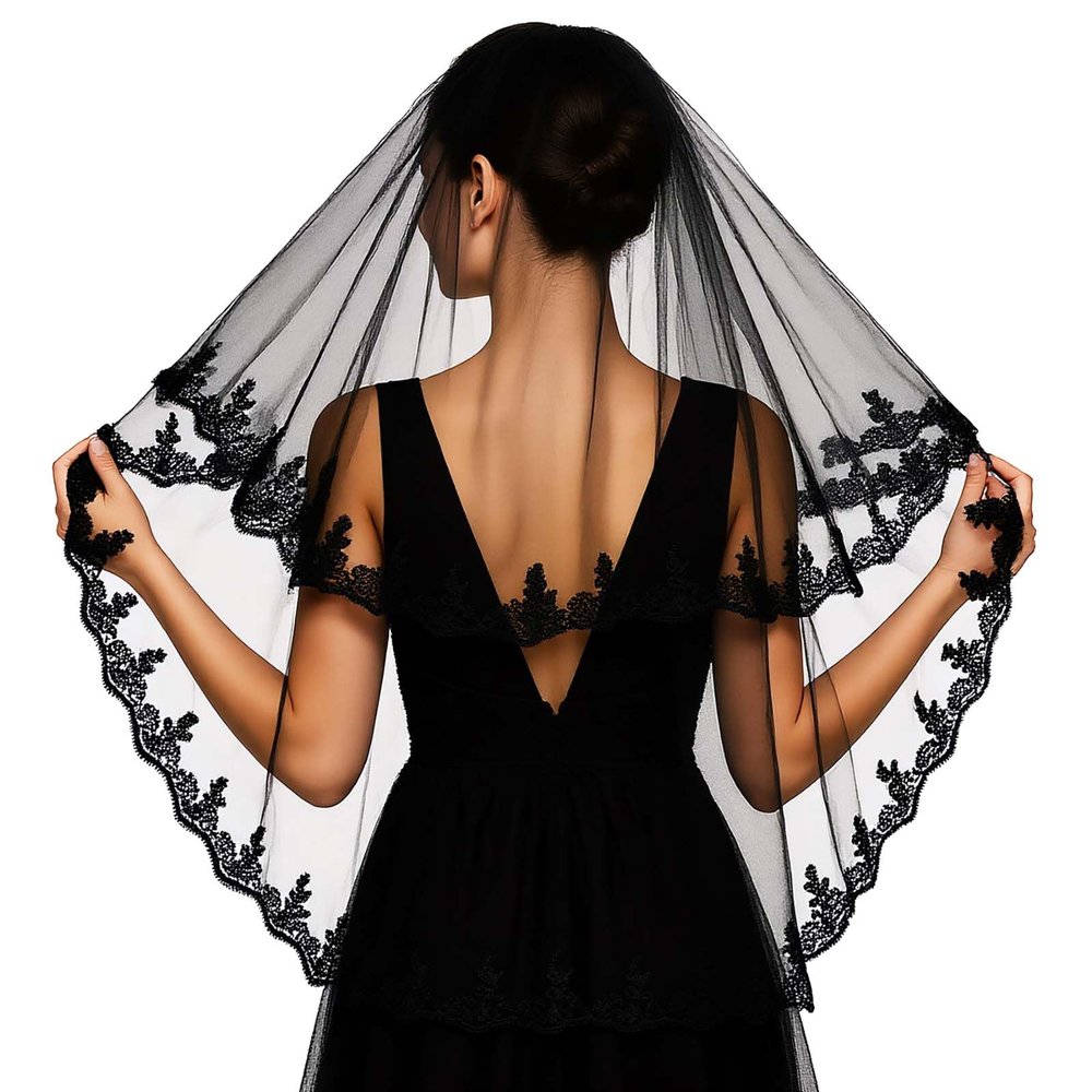 Acenail Black Wedding Veil Long Funeral Veils 2 Tier Lace Brides Veil with Comb Fingertip Mourning Halloween Veil for Women (Lace A)