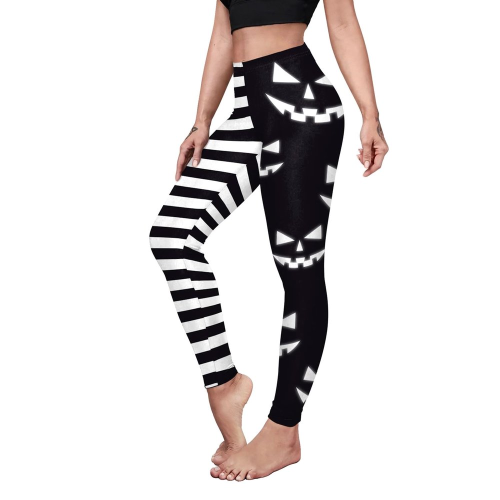 Women's Halloween Leggings 3D Black Pumpkin Stripe Printed Nightmare Before Christmas High Waisted Stretchy Pants