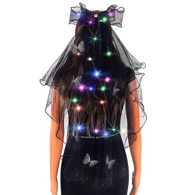 Acenail Light up Black Veil Wedding Veil Butterfly LED Tulle Bride Veil Bow Bridal Veils with Comb Halloween Veils for Women (Butterfly B)