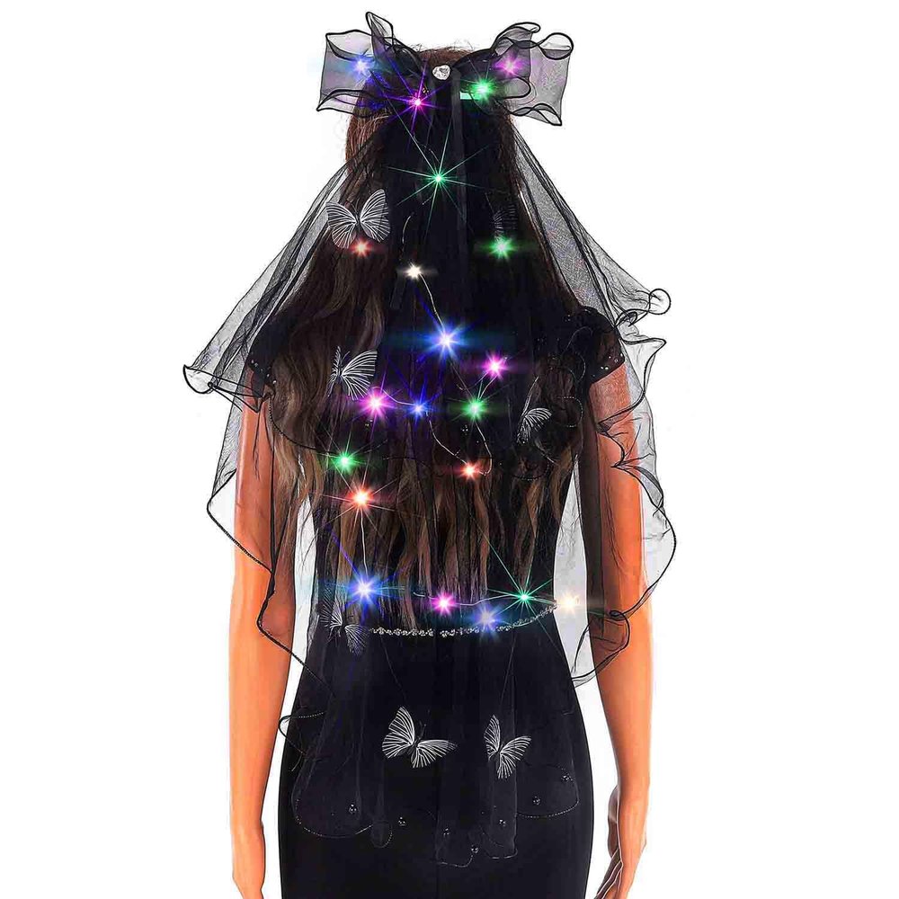 Acenail Light up Black Veil Wedding Veil Butterfly LED Tulle Bride Veil Bow Bridal Veils with Comb Halloween Veils for Women (Butterfly B)
