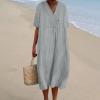 JOFOW Casual Loose Summer Short Sleeve Beach Vacation Dresses with Pockets Women's Retro Linen Dress Loose and Elegant Linen Dress Vintage Art Casual Flowy Dress (Grey,3X-Large) view 2