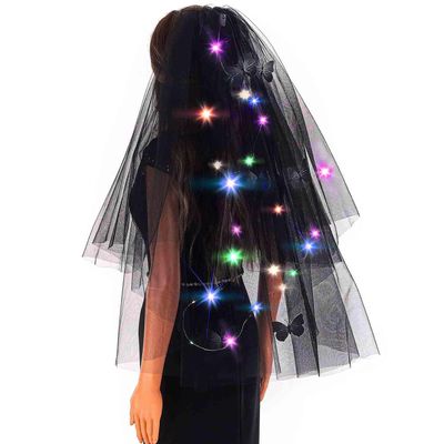 Acenail Light up Black Veil Wedding Veil Butterfly LED Tulle Bride Veil Bow Bridal Veils with Comb Halloween Veils for Women (Butterfly A)