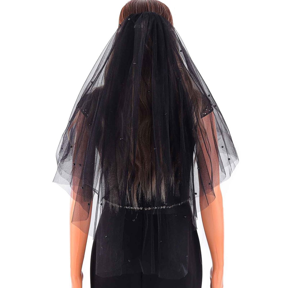 Acenail Black Veil Lace Wedding Funeral Veils Brides Veils with Comb Fingertip Mourning Halloween Veil for Women (2T Pearl)