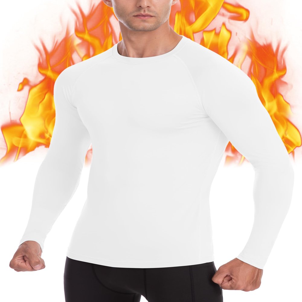 EoBeKee Thermal Base Layer for Men, Long Sleeve Compression Undershirts Athletic Sport Shirts Cold Weather Workout Tops White
