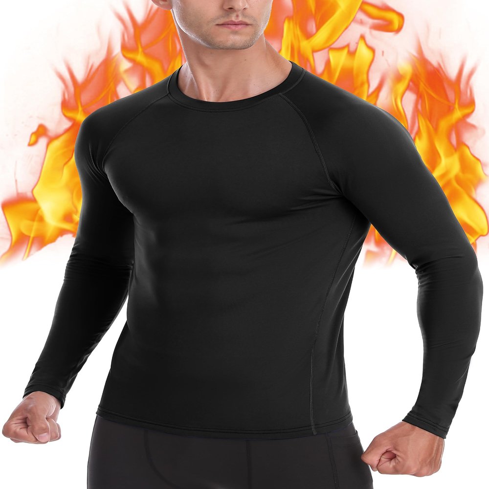 EoBeKee Mens Thermal Compression Shirts, Warm Long Sleeve Fleece Lined Tops Athletic Base Layer for Running Cold Weather Black