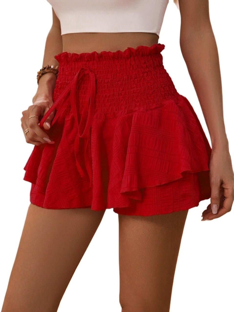 PJYLLND Women's Ruffle Hem Skort with Tie Belt and Elastic Fall Womens Short Pants Red, Small