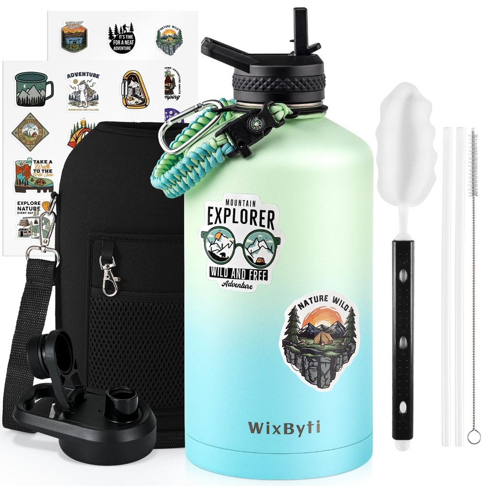 WixByti One Gallon Water Bottle Insulated, Triple Wall Vacuum Cold for 48 Hrs & Leak-proof & Non-BPA, 128oz Large Sports Stainless Steel Water Jug with Paracord Handle Straw Spout Lids & DIY Stickers