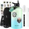 WixByti One Gallon Water Bottle Insulated, Triple Wall Vacuum Cold for 48 Hrs & Leak-proof & Non-BPA, 128oz Large Sports Stainless Steel Water Jug with Paracord Handle Straw Spout Lids & DIY Stickers view 1