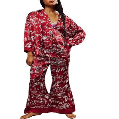 Argeousgor Women Floral Pajama Sets Silk Satin Lounge Set Long Sleeve Button Down Shirt Pants 2 piece Pjs SleepwearRed,XL