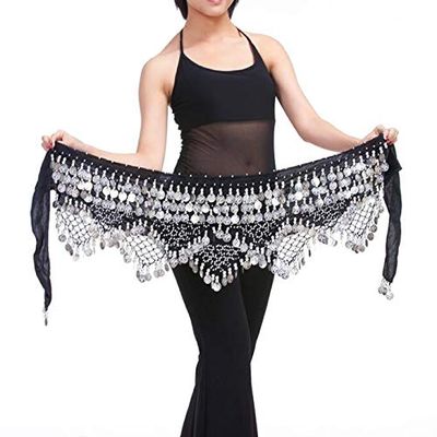HCSNTVPU Belly Dance Skirt Women Practice Clothing Hip Scarf Adjustable Fit Belly Dance(Black Silver coins)
