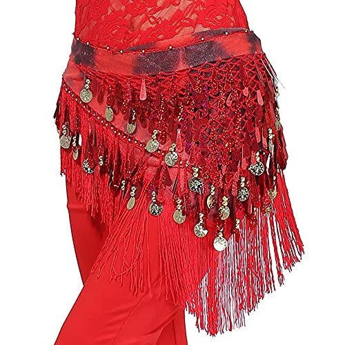 Belly Dance Skirt Belly Dance Clothing Accessories Tassel Wrap Stretchy Mesh Base Women Bellydance Belts Fringes Hip Scarf(Red)