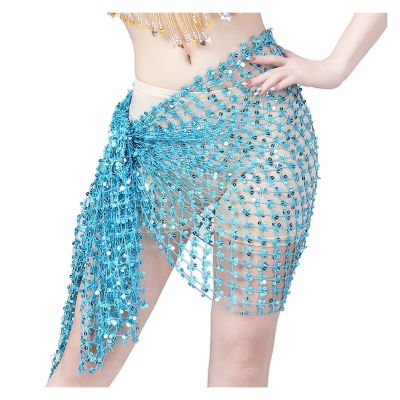 Belly Dance Skirt Belly Dance Scarf Women Scarf Dance Sequins Hip Scarf Sexy Belly Dance Belt Wrap Skirt(Blue)