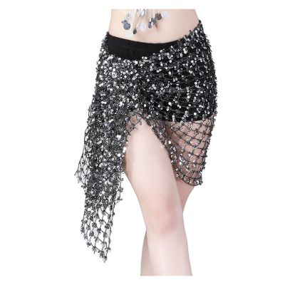 Belly Dance Skirt Belly Dance Scarf Women Scarf Dance Sequins Hip Scarf Sexy Belly Dance Belt Wrap Skirt(Black-Silver)
