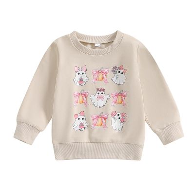 MoZiKQin Toddler Baby Halloween Outfit Boy Girl Pumpkin Sweatshirt Crewneck Pullover Sweater Long Sleeve Shirt Fall Clothes (Bowknot Pumpkin Ghost,3-4T)