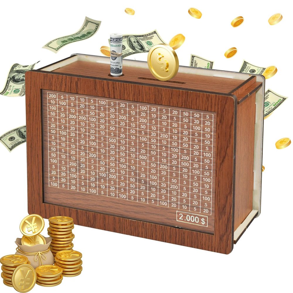 Wooden Piggy Bank for Adults, Cash Coin Savings Box with Counter for Savings Goal $1000, $2000, $5000, $10000. Best Gift for Friends (2000)
