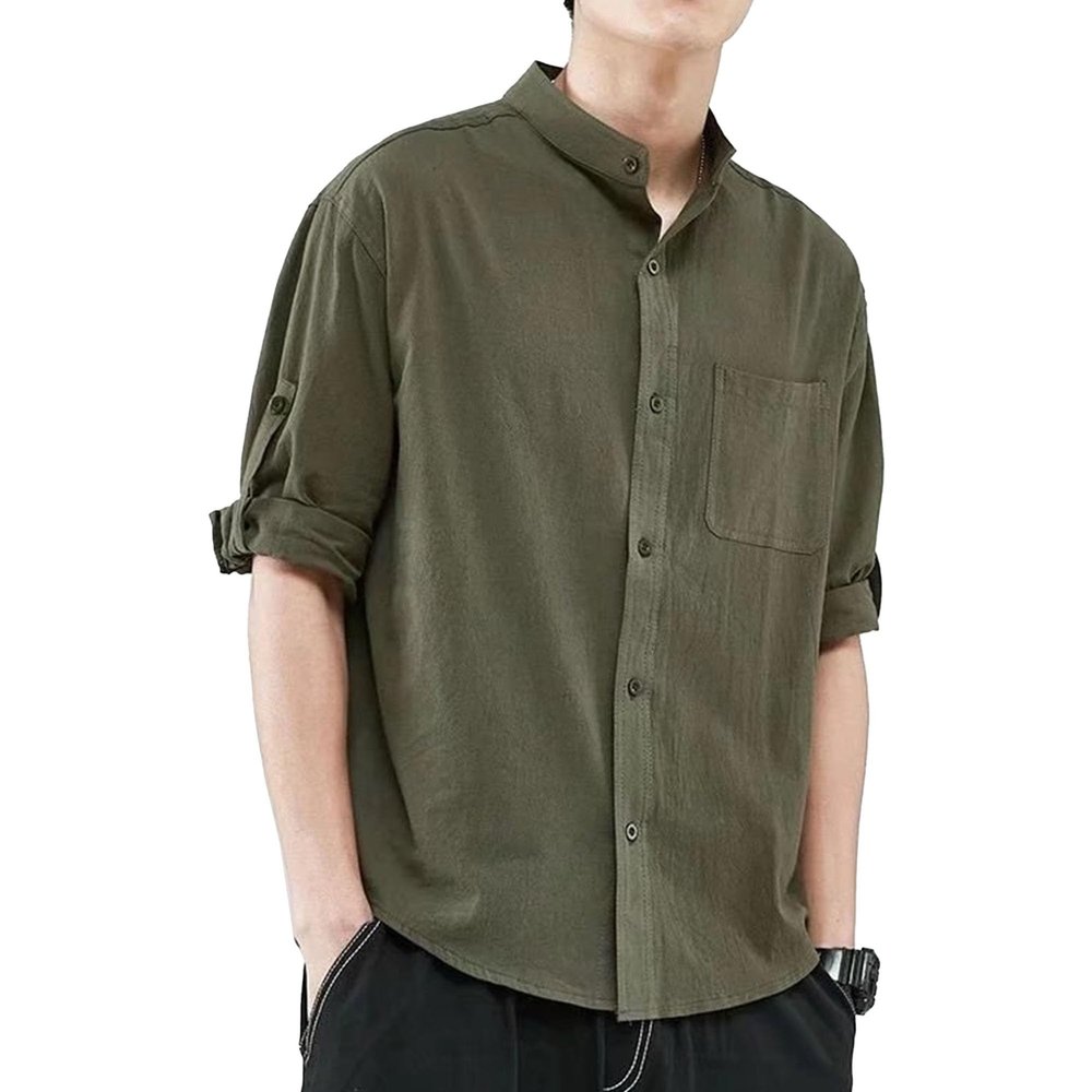 Men's Short Sleeve Button Down Shirts Summer Casual Linen Shirts Tops Stylish Business Dress Shirts with Pocket (Army Green,3X-Large)