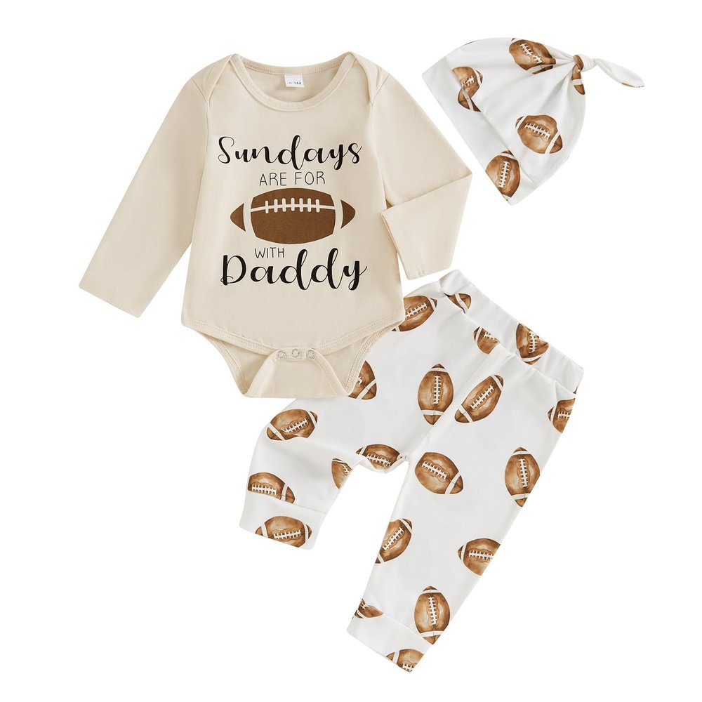 Honganda Newborn Infant Baby Boy Football Outfit Long Sleeve Romper Football Print Pants with Hat 3 Piece Clothes Set (Beige-White, 3-6 Months)