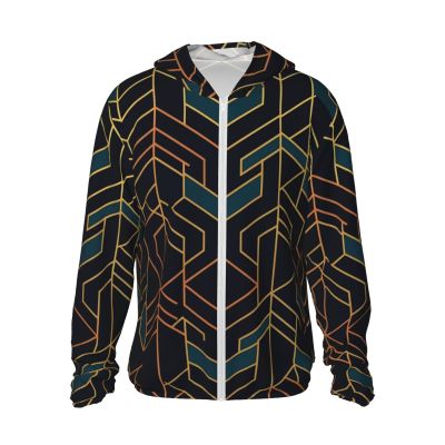 UPF 50+ Sun Protection Hoodie Jacket Full Zip Long Sleeve Sun Shirt Geometric Lines Fishing Shirt Xx-Large Black