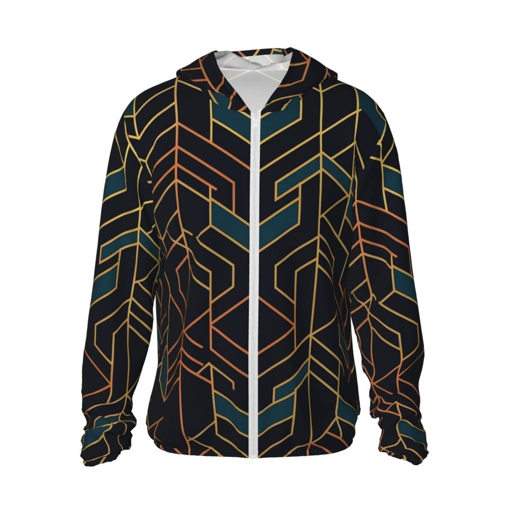 UPF 50+ Sun Protection Hoodie Jacket Full Zip Long Sleeve Sun Shirt Geometric Lines Fishing Shirt Xx-Large Black