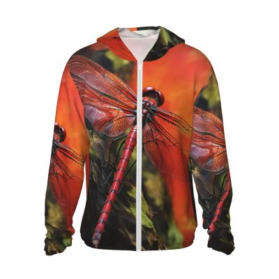 UPF 50+ Sun Protection Hoodie Jacket Full Zip Long Sleeve Sun Shirt Red Dragonfly Fishing Shirt Large