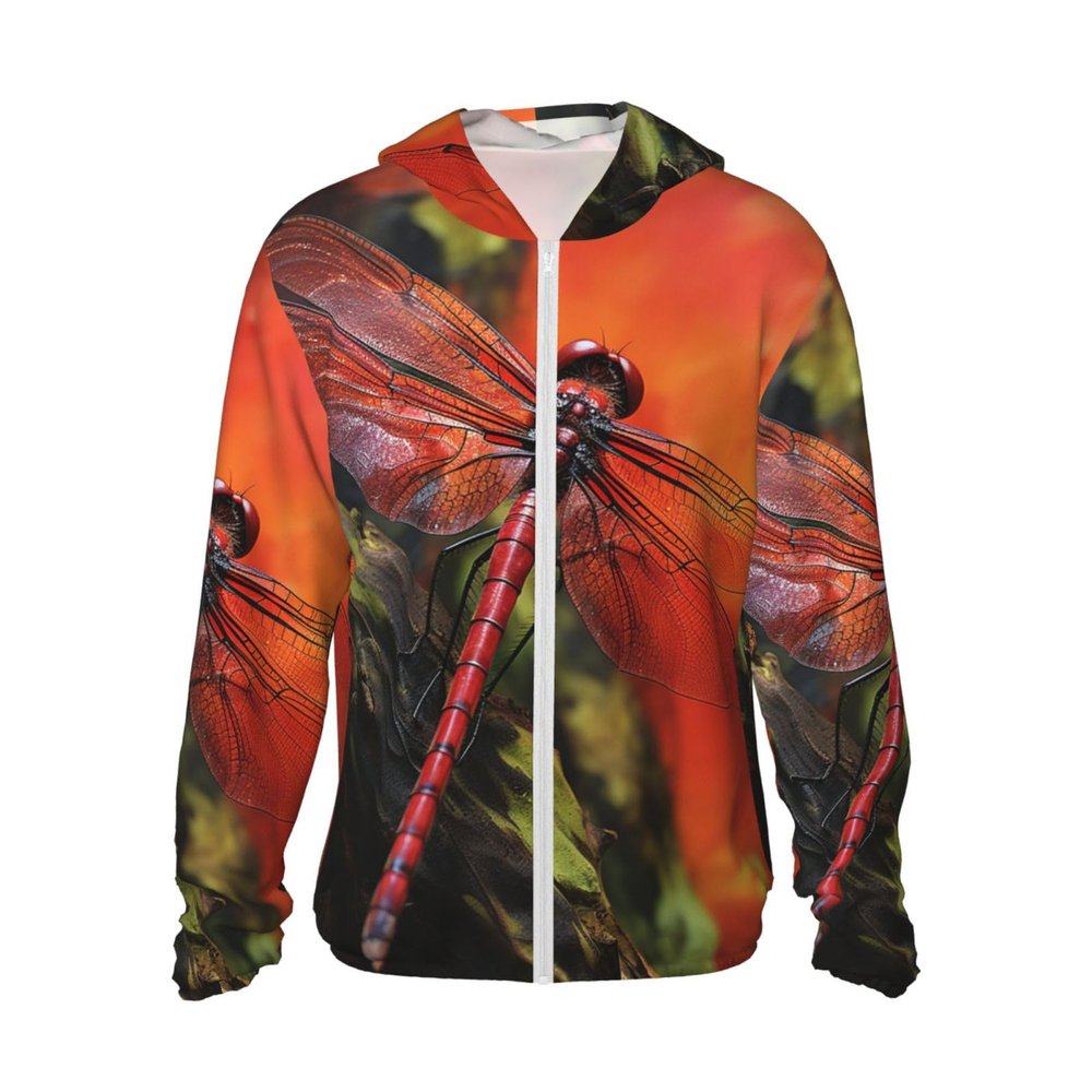 UPF 50+ Sun Protection Hoodie Jacket Full Zip Long Sleeve Sun Shirt Red Dragonfly Fishing Shirt Large