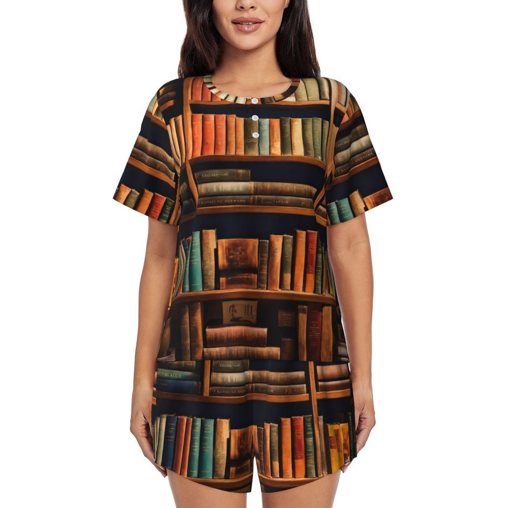 SSIMOO Books Women'S Round Neck Short Sleeve Pajama Set,Stylish Comfortable Hort Sleeve Shorts Set Black
