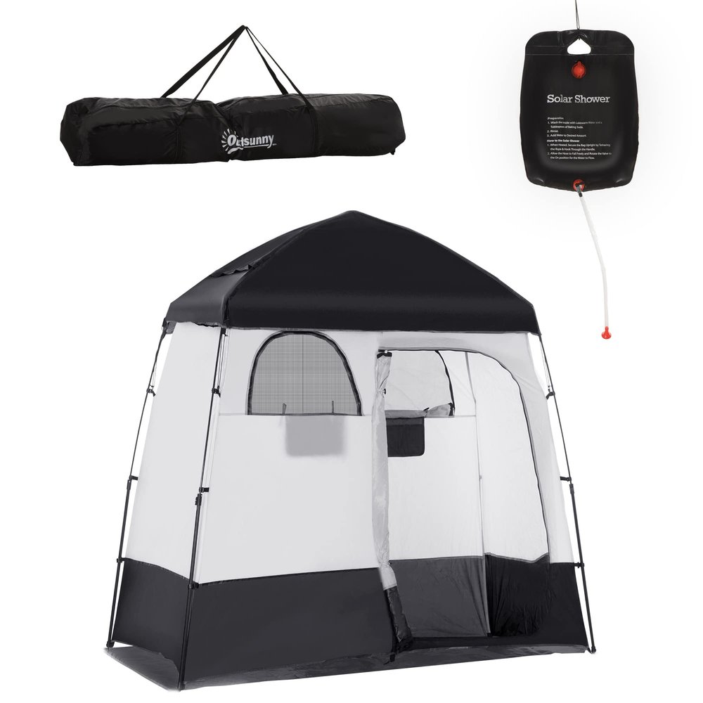 INTWGH Shower Tent, Pop Up Privacy Shelter for Camping, Dressing Changing Room, Portable Instant Outdoor Shower Tent Enclosure w/ 2 Rooms, Shower Bag, Floor and Carrying Bag, Black