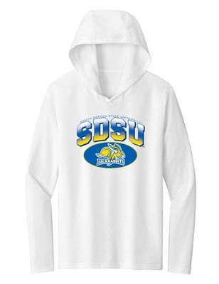 CornBorn Womens South Dakota State Jackrabbits Tshirt - Long Sleeve Hooded Shirt SDSU Full Color Fade Plus Primary Logo - White - Medium