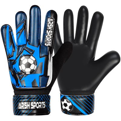 Arsh Sports Soccer Goalie Gloves for Kids,Goalkeeper Gloves for Youth Boys Girls 4MM Latex Palm,Anti Slip,Super Gip Double Wrist Protection (Black-Blue, Size 8 Suitable for Size M-L Adult)