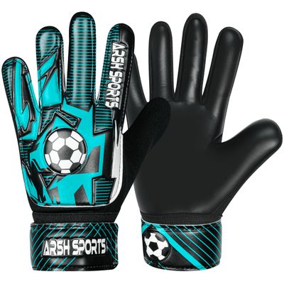 Arsh Sports Soccer Goalie Gloves for Kids,Goalkeeper Gloves for Youth Boys Girls 4MM Latex Palm,Anti Slip,Super Gip Double Wrist Protection (Black-Cyan, Size 7 Suitable for Size S-M Adult)