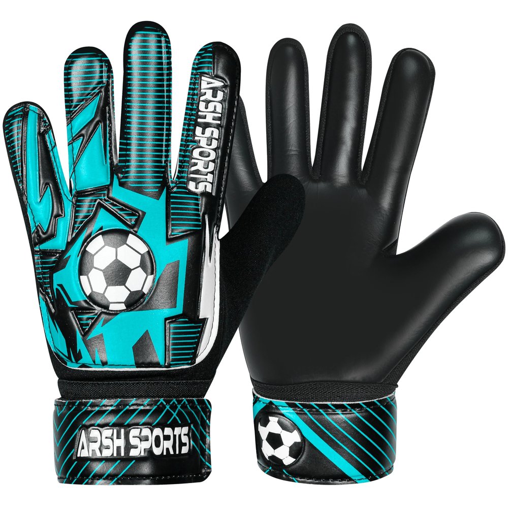Arsh Sports Soccer Goalie Gloves for Kids,Goalkeeper Gloves for Youth Boys Girls 4MM Latex Palm,Anti Slip,Super Gip Double Wrist Protection (Black-Cyan, Size 7 Suitable for Size S-M Adult)