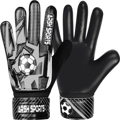 Arsh Sports Soccer Goalie Gloves for Kids,Goalkeeper Gloves for Youth Boys Girls 4MM Latex Palm,Anti Slip,Super Gip Double Wrist Protection (Black-Silver, Size 5 Suitable for 9 to 12 Years Old)