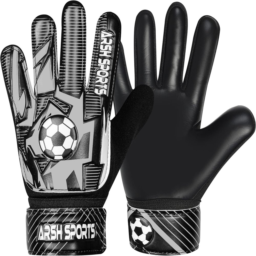 Arsh Sports Soccer Goalie Gloves for Kids,Goalkeeper Gloves for Youth Boys Girls 4MM Latex Palm,Anti Slip,Super Gip Double Wrist Protection (Black-Silver, Size 5 Suitable for 9 to 12 Years Old)