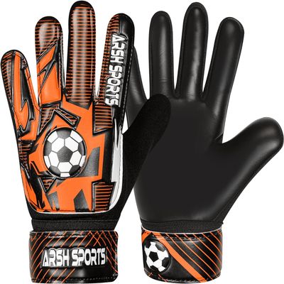 Arsh Sports Soccer Goalie Gloves for Kids,Goalkeeper Gloves for Youth Boys Girls 4MM Latex Palm,Anti Slip,Super Gip Double Wrist Protection (Black-Orange, Size 6 Suitable for 13 to 15 Years Old)