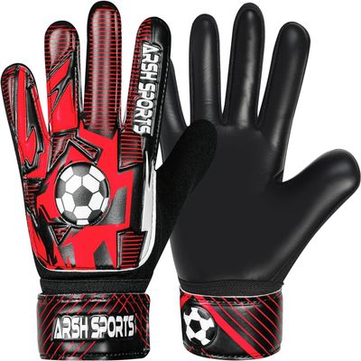 Arsh Sports Soccer Goalie Gloves for Kids,Goalkeeper Gloves for Youth Boys Girls 4MM Latex Palm,Anti Slip,Super Gip Double Wrist Protection (Black-Red, Size 2 Suitable for 4 to 5 Year Old)