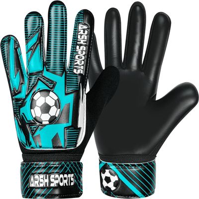 Arsh Sports Soccer Goalie Gloves for Kids,Goalkeeper Gloves for Youth Boys Girls 4MM Latex Palm,Anti Slip,Super Gip Double Wrist Protection (Black-Cyan, Size 2 Suitable for 4 to 5 Year Old)