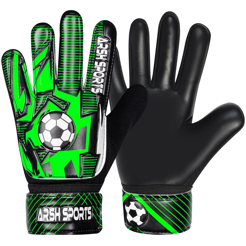 Arsh Sports Soccer Goalie Gloves for Kids,Goalkeeper Gloves for Youth Boys Girls 4MM Latex Palm,Anti Slip,Super Gip Double Wrist Protection (Black-Green, Size 5 Suitable for 9 to 12 Years Old)