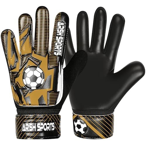 Arsh Sports Soccer Goalie Gloves for Kids,Goalkeeper Gloves for Youth Boys Girls 4MM Latex Palm,Anti Slip,Super Gip Double Wrist Protection (Black-Golden, Size 7 Suitable for Size S-M Adult)