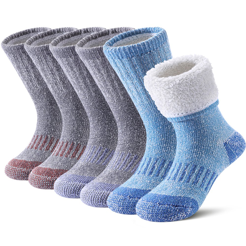 FNOVCO Kids Merino Wool Socks Boys Winter Warm Thick Thermal Cushion Hiking Socks 3 Pairs (8-12 Years, Solid Color B)
