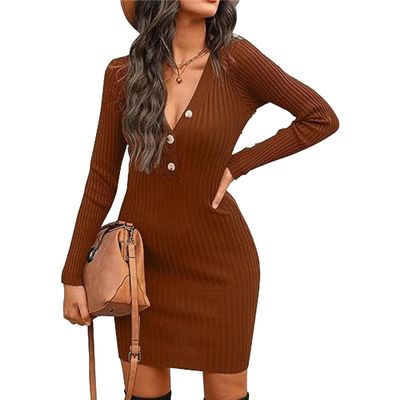 Women Sweater Pullover Dress Long Sleeve Button V Neck Waffle Knit Dress Pullover Sweater Casual Fall Maxi Dress (XX-Large,Brown)